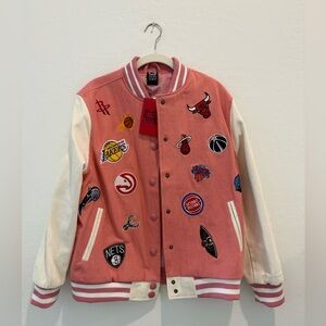 Pink and White Varsity Jacket with NBA Logos